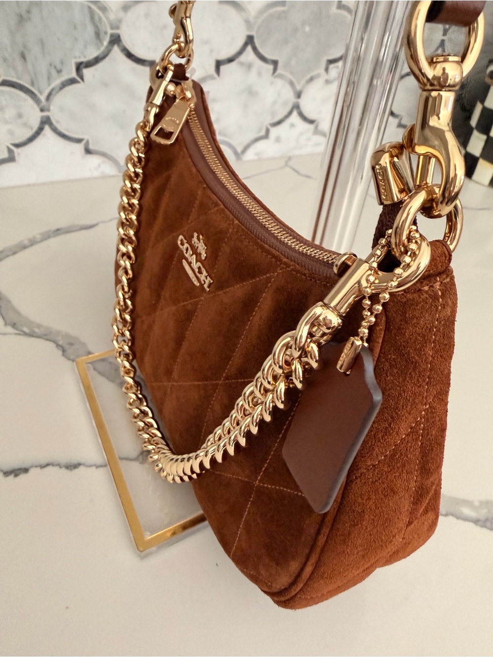 Coach Brown Suede Shoulder Bag with Gold Chain - Picture 4 of 10